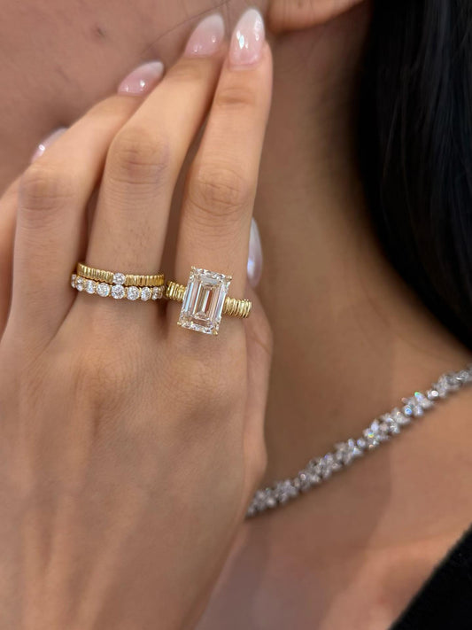 7Carat Emerald Cut Lab Grown Diamond Ribbed Solitaire Ring | 18K Yellow Gold