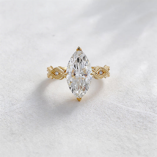 Marquise Lab Diamond Ring | Floral Prong & Engraved Band | Pear Side Stones | 18K Gold