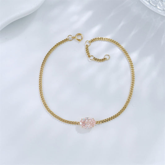 18K Solid Gold 1.31CT Oval Lab Grown Pink Diamond Cuban Chain Bracelet