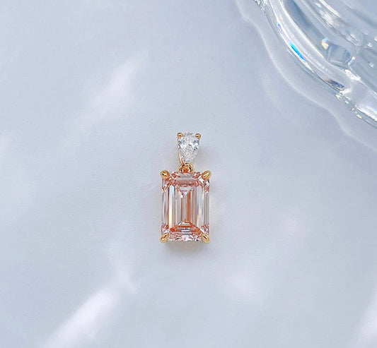 Emerald Cut Fancy Pink Lab Grown Diamond With Pear Accent Stone Minimalist Pendant | 18K Gold