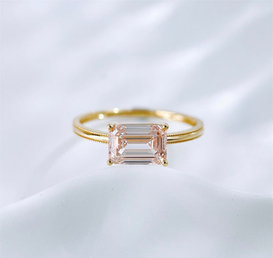 1 carat Emerald Cut Lab Grown Diamond Milgrain Edge Solitaire Ring | 18K Yellow Gold