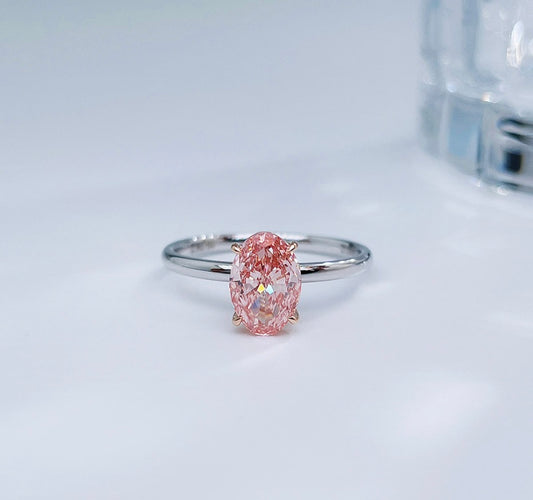 Two-Tone Oval Cut Fancy Pink Lab Grown Diamond Minimalist Solitaire Ring | 18K White & Rose Gold
