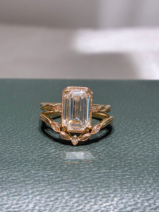 Stacking Ring Set | Emerald-Cut Lab-Grown Diamond Ring | Vintage Bridal Ring Set | Milgrain Details | 18K Gold
