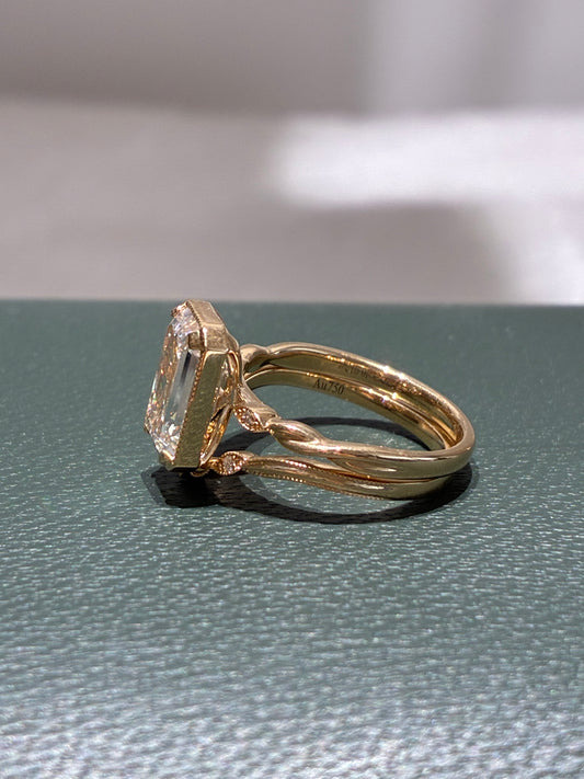 Stacking Ring Set | Emerald-Cut Lab-Grown Diamond Ring | Vintage Bridal Ring Set | Milgrain Details | 18K Gold