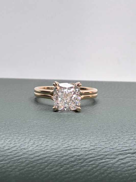 4CT Cushion Cut Lab Grown Diamond Solitaire Engagement Ring | Split Shank Four Prong | 14K Yellow Gold