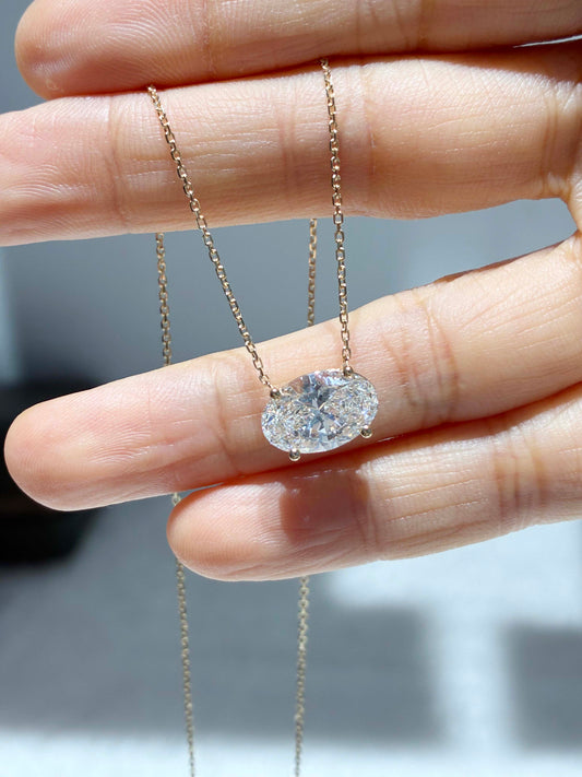 3 Carat Oval Lab Grown Diamond East West Pendant Necklace | Four Prong | 18K Solid Gold