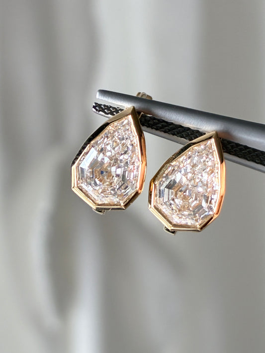 Pear Step Cut Lab Grown Diamond Bezel Drop Earrings | Solid 18K Yellow Gold Handcrafted Geometric Dangle Earrings