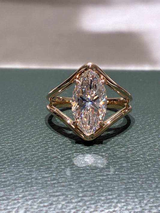 3CT Marquise Cut Lab Grown Diamond | Geometric Open Split Shank Solitaire |18K Yellow Gold