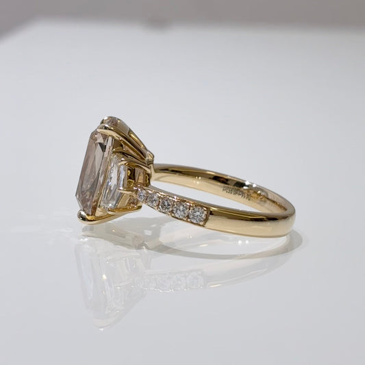 Elongated Cushion Champagne Lab Diamond | Three Stone Ring | 18K Gold