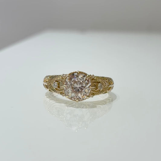 Round Lab Grown Diamond | Vintage Filigree Milgrain Engagement Ring| 14K Gold