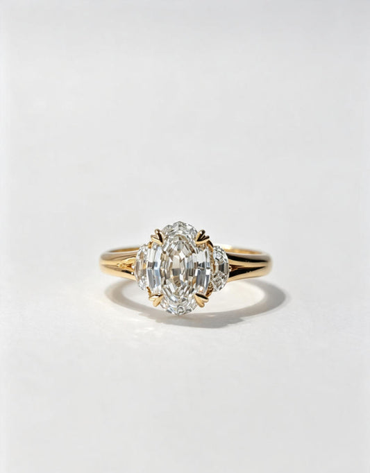2 carat Oval Step Cut Three Stone Lab Diamond Engagement Ring | 18K Gold