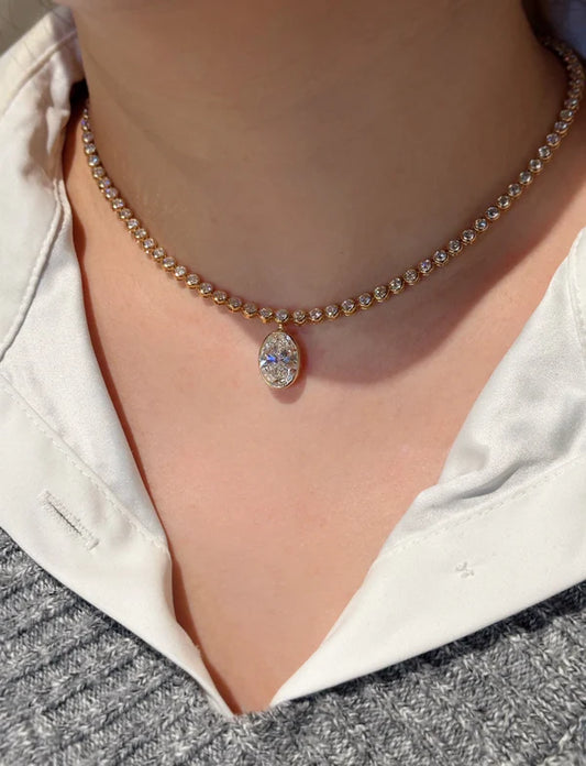 Bubble Bezel Lab Grown Diamond Tennis Necklace with Removable Oval Pendant | 18K Yellow Gold