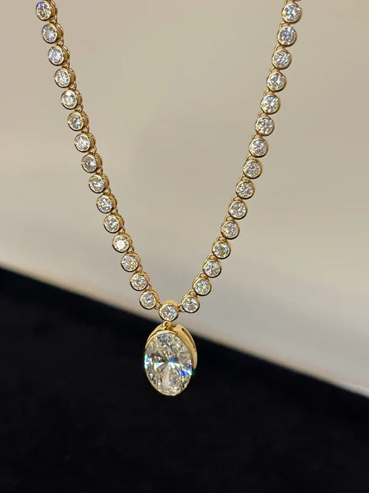 Bubble Bezel Lab Grown Diamond Tennis Necklace with Removable Oval Pendant | 18K Yellow Gold