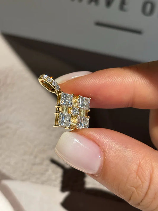 Princess Cut Lab Grown Diamond Square Pendant Necklace with Brushed Finish | 18K Yellow Gold