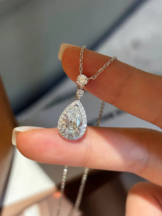 Pear Shape Lab Grown Diamond Necklace with Halo & Accent Round Diamonds | Platinum