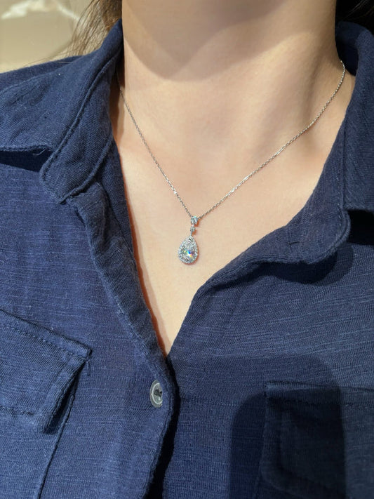 Pear Shape Lab Grown Diamond Necklace with Halo & Accent Round Diamonds | Platinum