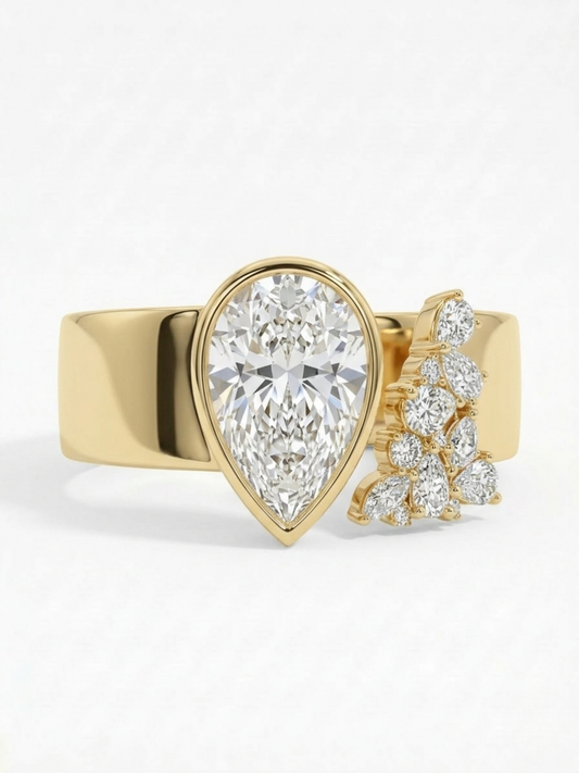 3.03-carat lab diamond as the center stone | accompanied by pear-shaped, marquise, and round small diamonds | set on an ultra-wide band | surrounded by pavé-set small diamonds | spectacular and luxurious | 18k gold