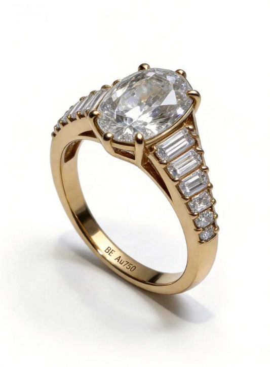 Oval Lab Grown Diamond Ring | Baguette Side Stone Vintage Bridal | 18K Gold