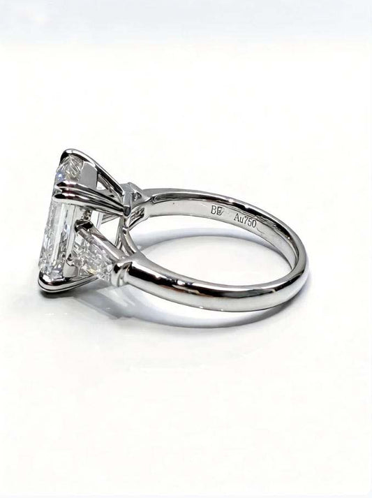 Emerald Cut Lab Grown Diamond Three Stone Engagement Ring | Classic Baguette Accent Bridal Ring | 18K Gold