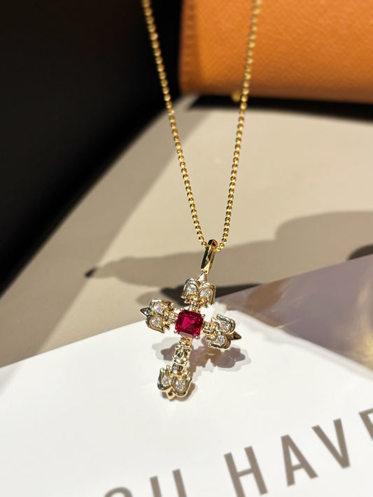 Lab Grown Ruby Cross Pendant Necklace | Everyday Faith & Timeless Gifting | 18K Yellow Gold