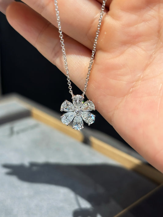 Floral Lab Grown Diamond Necklace | Pear & Round Cut Flower Design | Platinum