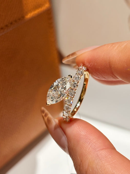 Horizontal Marquise Lab Grown Diamond Half Eternity Ring | 18K Yellow Gold