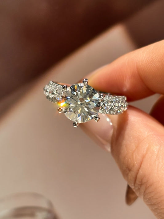 3ct Round Brilliant Lab Grown Diamond Ring | Pave Side Stone Engagement | 18K