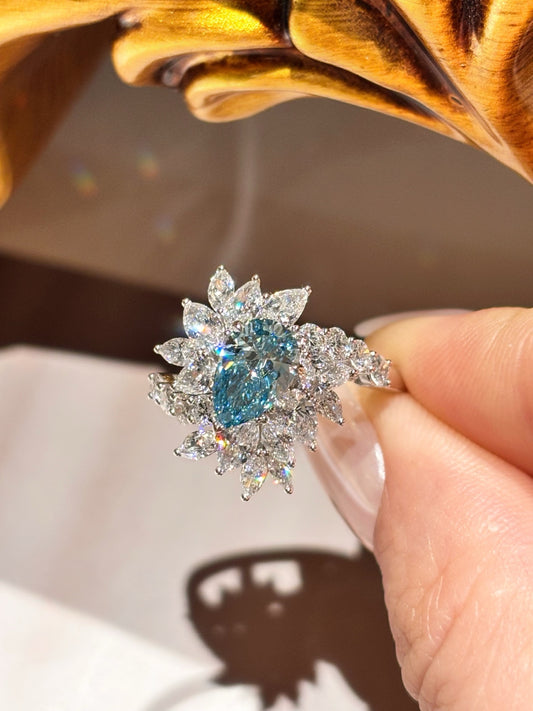 1.01ct Exquisite Pear Shape Fancy Blue Lab Grown Diamond Ring | Marquise Halo