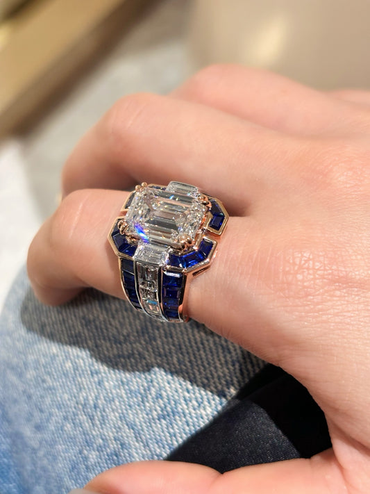 Lab Grown Diamond & Sapphire Art Deco Statement Ring | Luxury | 18K Rose Gold
