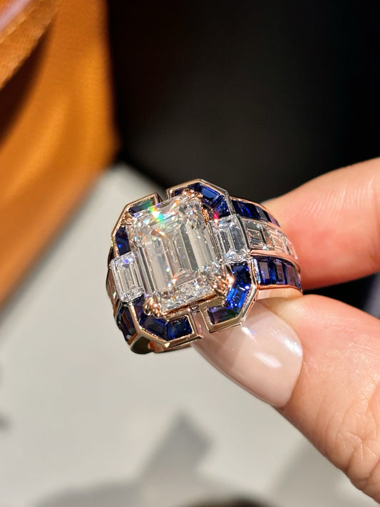 Lab Grown Diamond & Sapphire Art Deco Statement Ring | Luxury | 18K Rose Gold