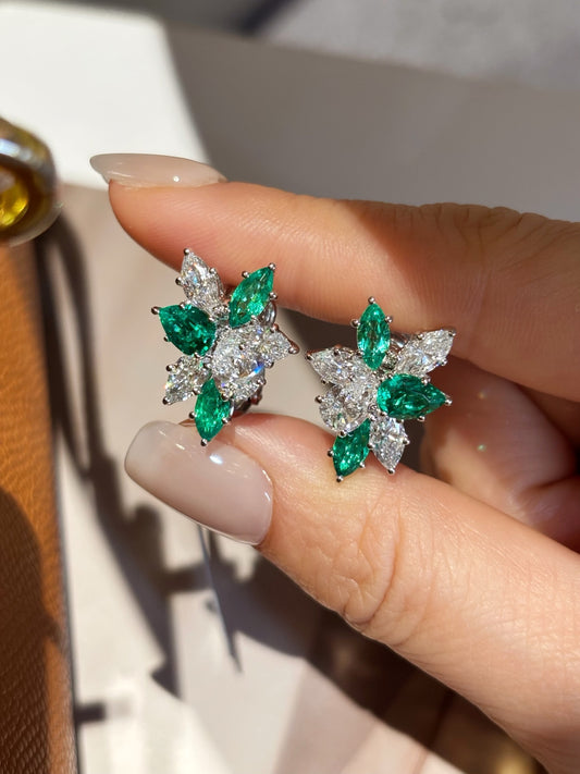 Lab Grown Emerald & Diamond Floral Earrings | The Blossom of Renewal | 18K White Gold