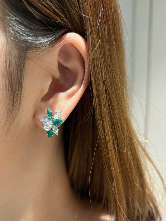 Lab Grown Emerald & Diamond Floral Earrings | The Blossom of Renewal | 18K White Gold