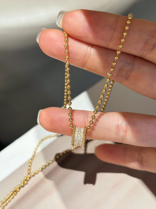 18K Yellow Gold Beaded Chain Pave Diamond Barrel Pendant Necklace