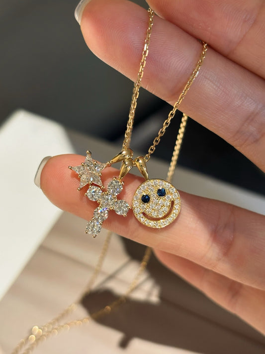 Smiley, Cross & Star Lab Grown Diamond Necklace | 3 Pendant Fun Design | 18K Yellow Gold