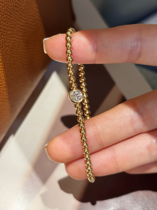 Beaded Stretch Bracelet with Single Bezel-Set Lab Grown Diamond| 18K Gold
