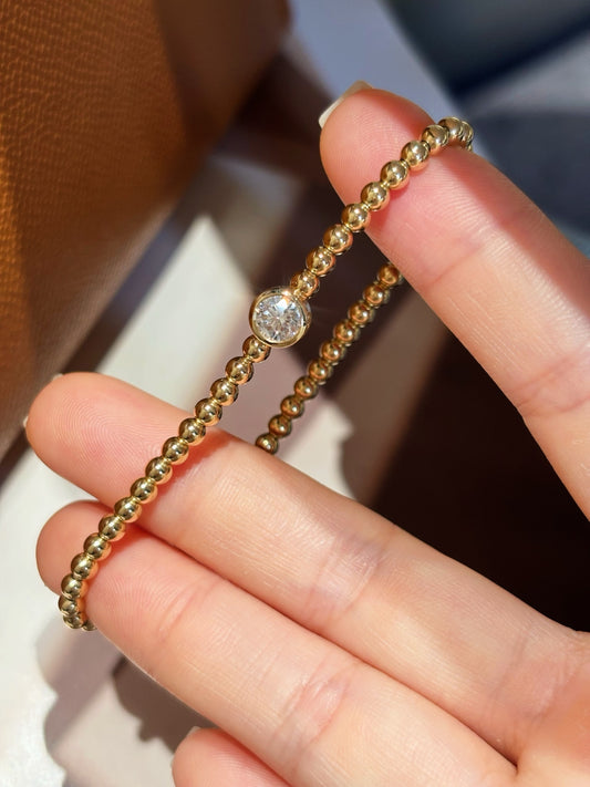 0.515ct 4.89g Bezel Set Round Lab Grown Diamond Beaded Bracelet | Single Diamond | 18K Yellow Gold
