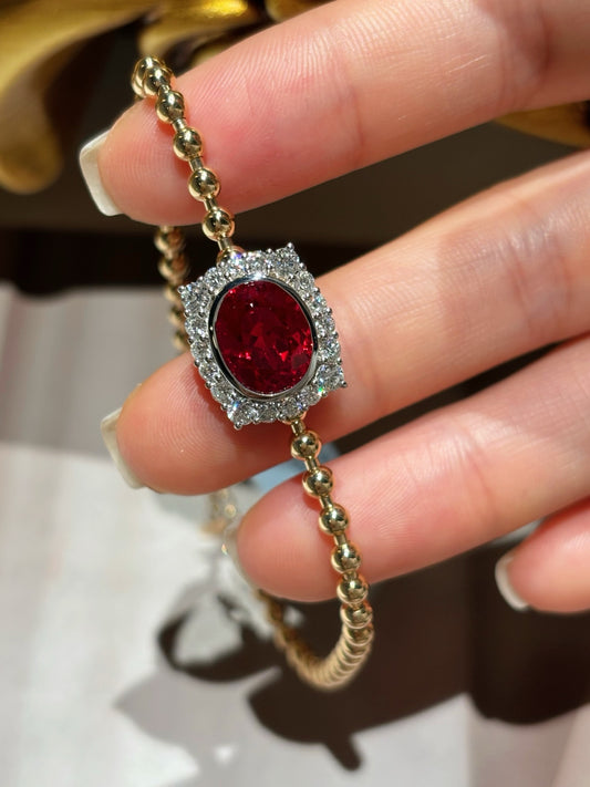 3.87ct 6.7g Oval Lab Ruby Bracelet with Diamond Halo | Beaded Chain Mix Metal Design | 18K Gold