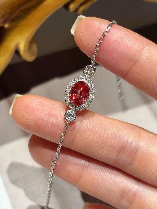 1.77ct 3.96g Oval Lab Padparadscha Sapphire Bracelet with Diamond Halo & Bezel Round Diamonds | Platinum