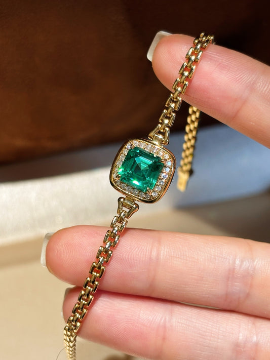 Asscher Cut Lab Emerald Gemstone Bracelet with Diamond Halo | 18K Yellow Gold