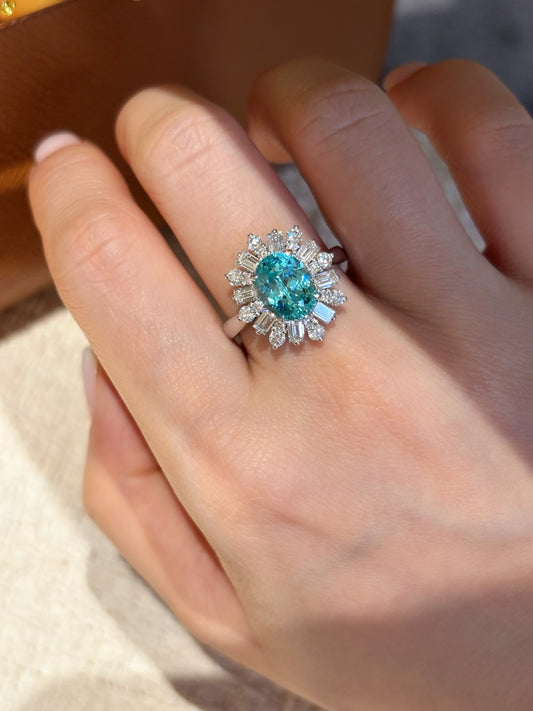 Lab Grown Paraiba Tourmaline Sunburst Ring | Everyday Elegance & Timeless Gifting | 18K White Gold