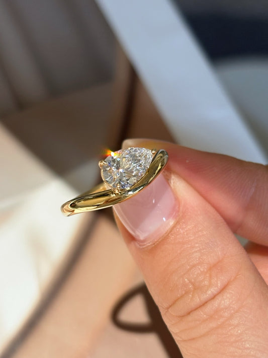Pear Cut Lab Grown Diamond Solitaire Engagement Ring | Modern Bypass Band | 18K Gold