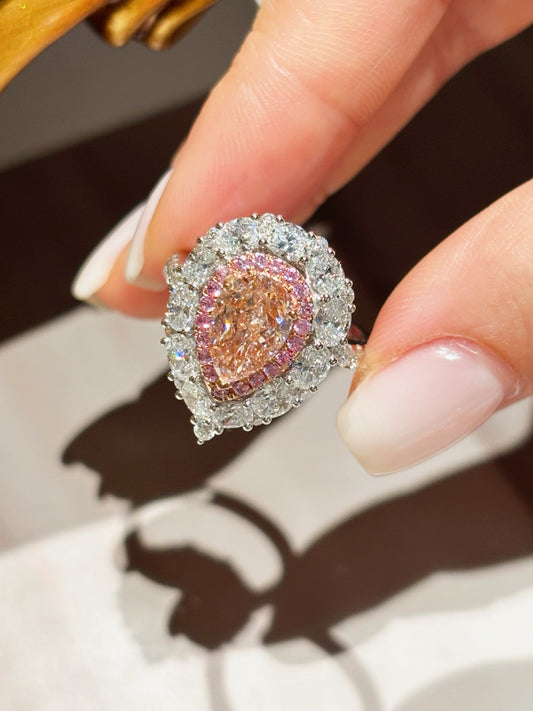 Luxe Double Halo Pink Diamond Ring | Rare Blush Pear-Shaped Cocktail Ring| Lab-Grown Gemstone