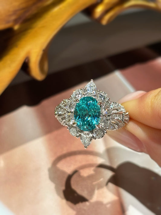Lab-Grown Paraiba-Style Oval Gemstone Ring | Diamond Halo & Ornate | 18K Gold