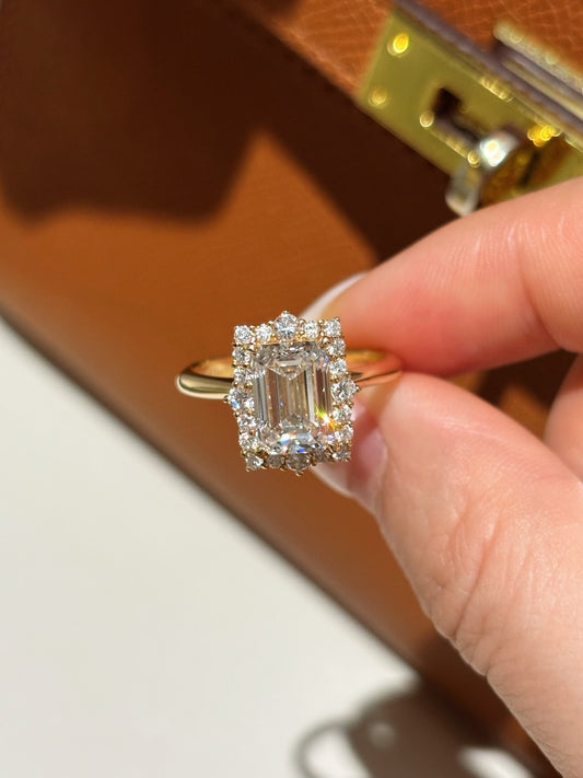 2CT Emerald Cut Lab Grown Diamond Halo PavƩ Solitaire Engagement Ring | 18K Gold