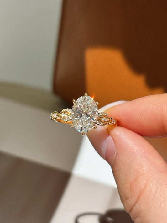 Oval Cut Lab Grown Diamond Floral PavƩ Accent Engagement Solitaire Ring | 18K Gold
