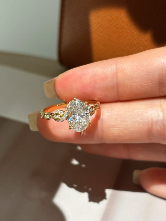 Oval Cut Lab Grown Diamond Floral PavƩ Accent Engagement Solitaire Ring | 18K Gold
