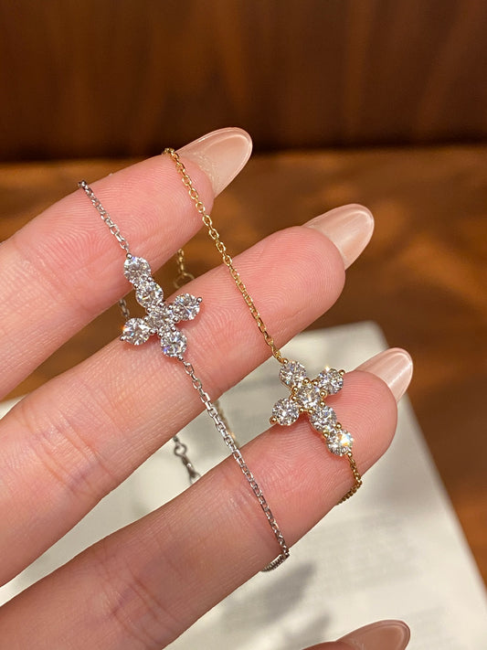 PavƩ Diamond Minimalist Cross Dainty Lab Grown Diamond Stackable Bracelet | 18K Gold