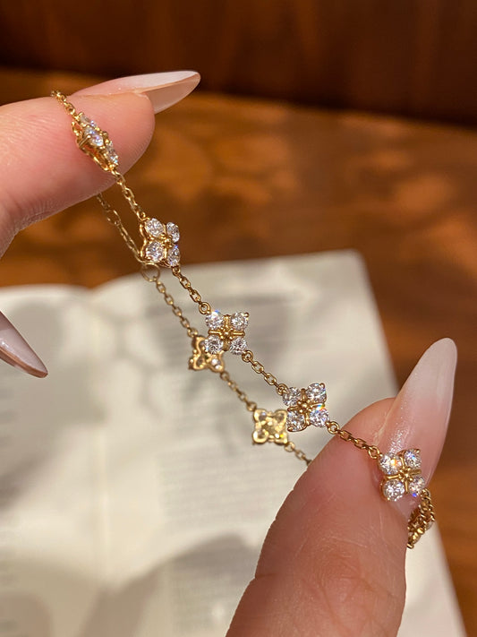Four Leaf Clover Lab Grown Diamond Station Chain Bracelet | 18K Gold