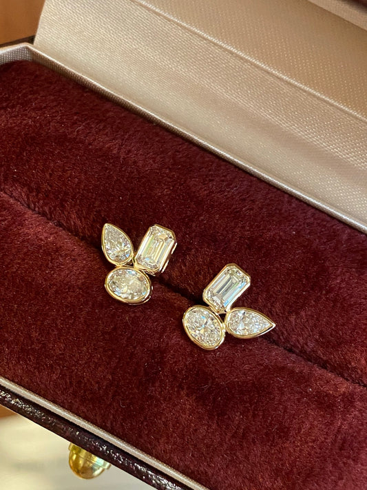Mixed-Cut Lab-Grown Diamond Three-Stone Bezel Stud Earrings | 14K Gold