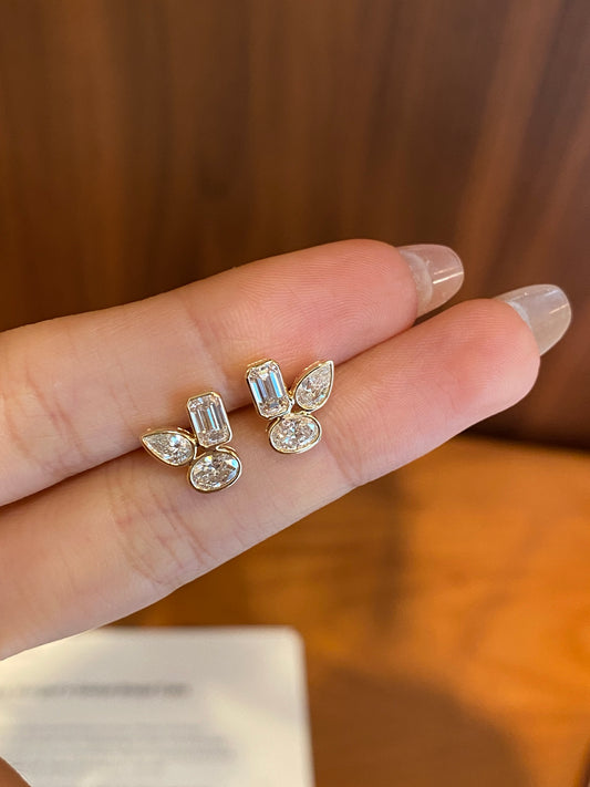 Mixed-Cut Lab-Grown Diamond Three-Stone Bezel Stud Earrings | 14K Gold